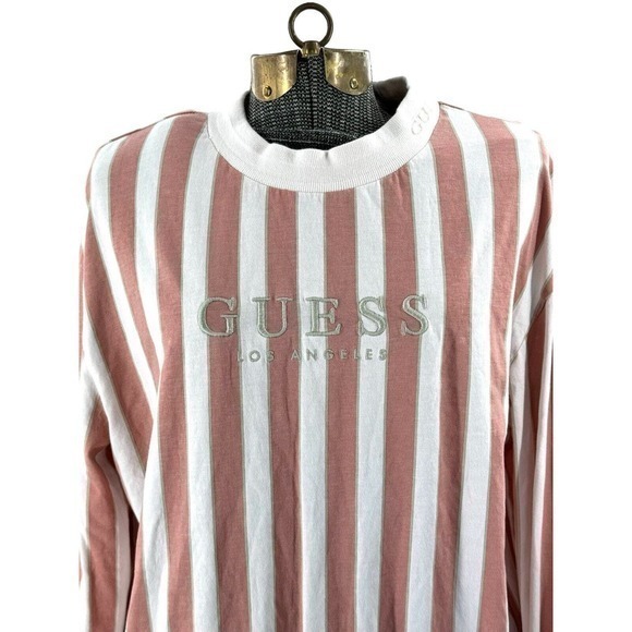 Guess Pink Striped Long Sleeve Crew Neck Shirt Embroidered Guess Logo Women's M - Picture 14 of 16